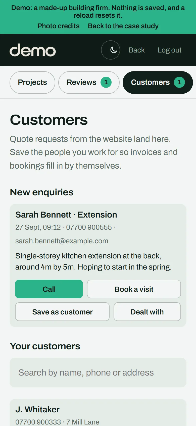 Customers screen with a new enquiry from Sarah Bennett for a kitchen extension