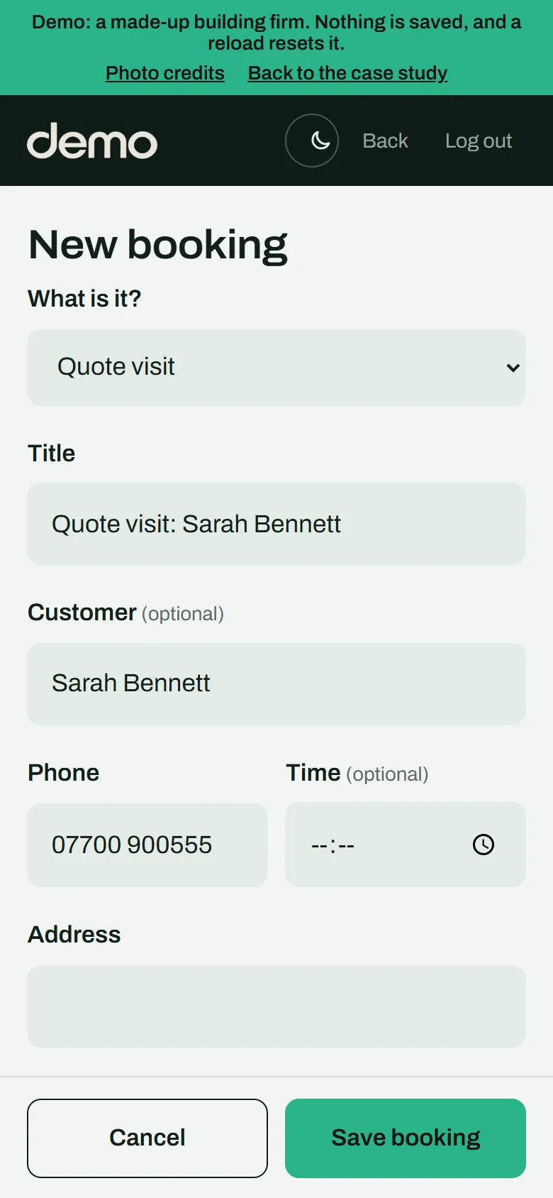 New booking form, already filled in as a quote visit for Sarah Bennett