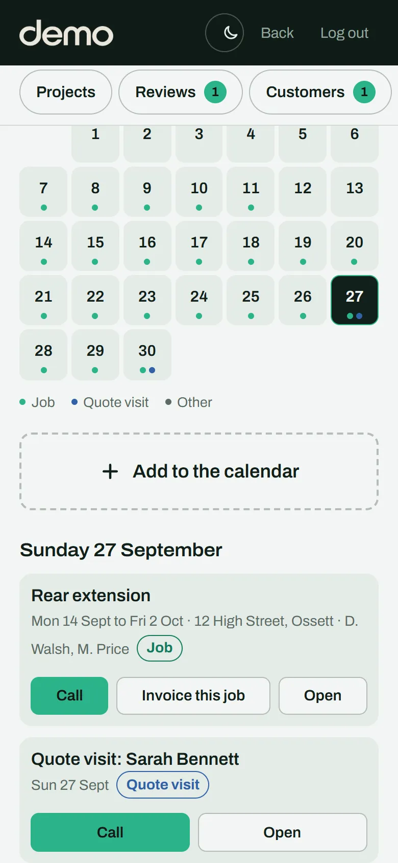 Calendar with the rear extension job and the new quote visit