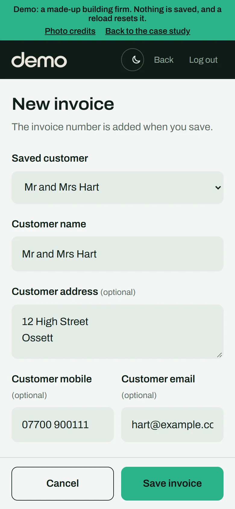 New invoice with the customer name, address and mobile filled in from the job