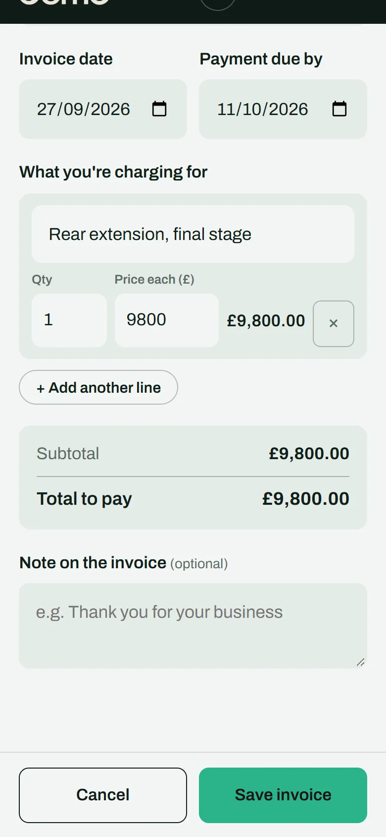 Invoice line for the final stage, £9,800 total