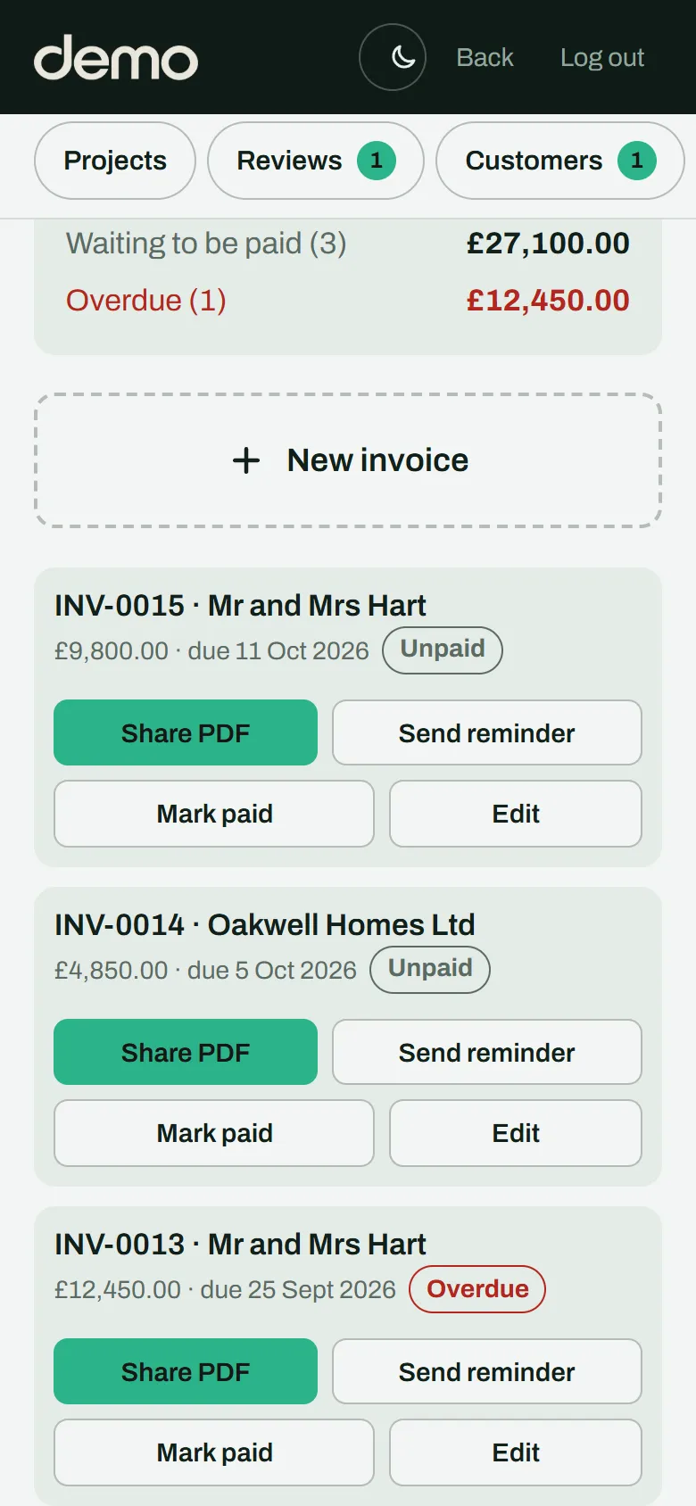 Invoice list showing the new invoice and an overdue one