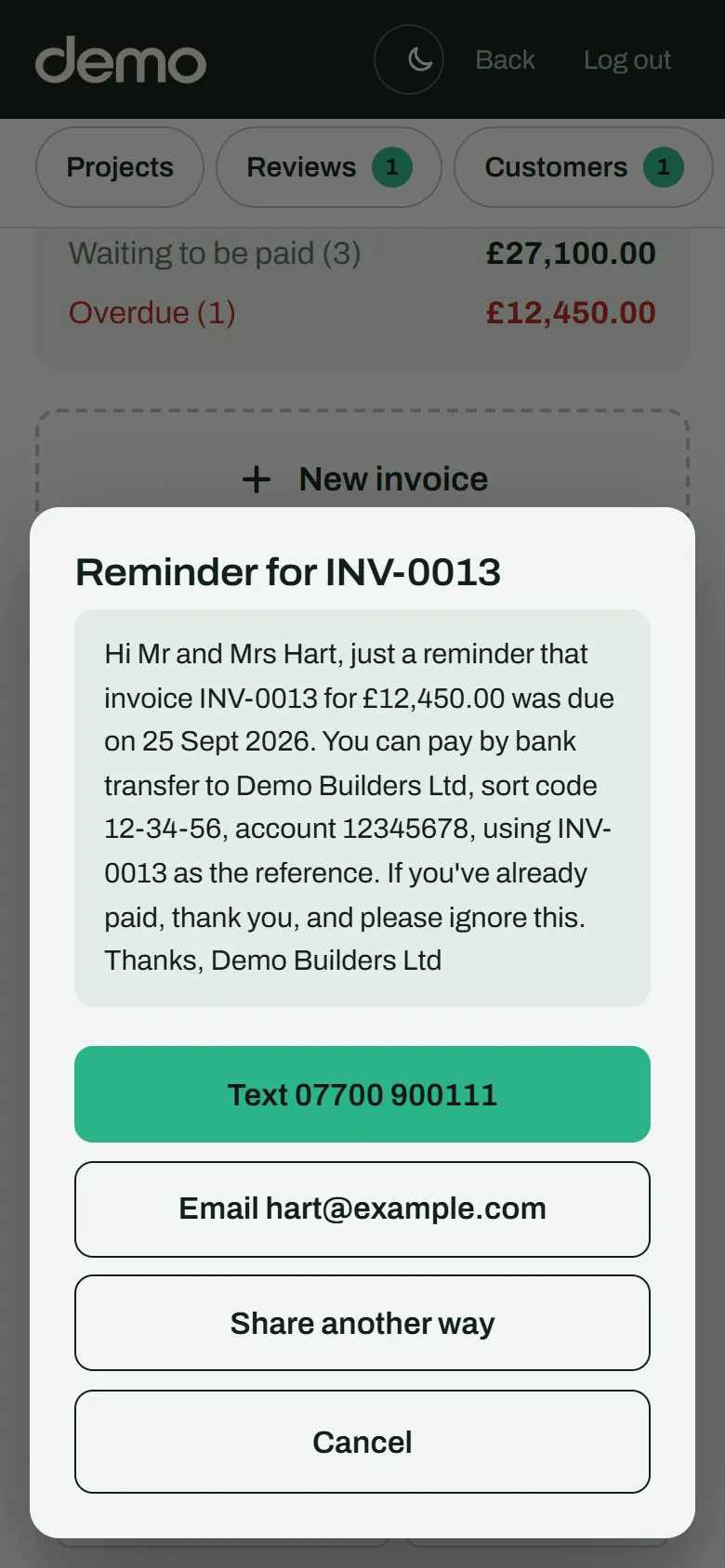Reminder message with options to text or email the customer