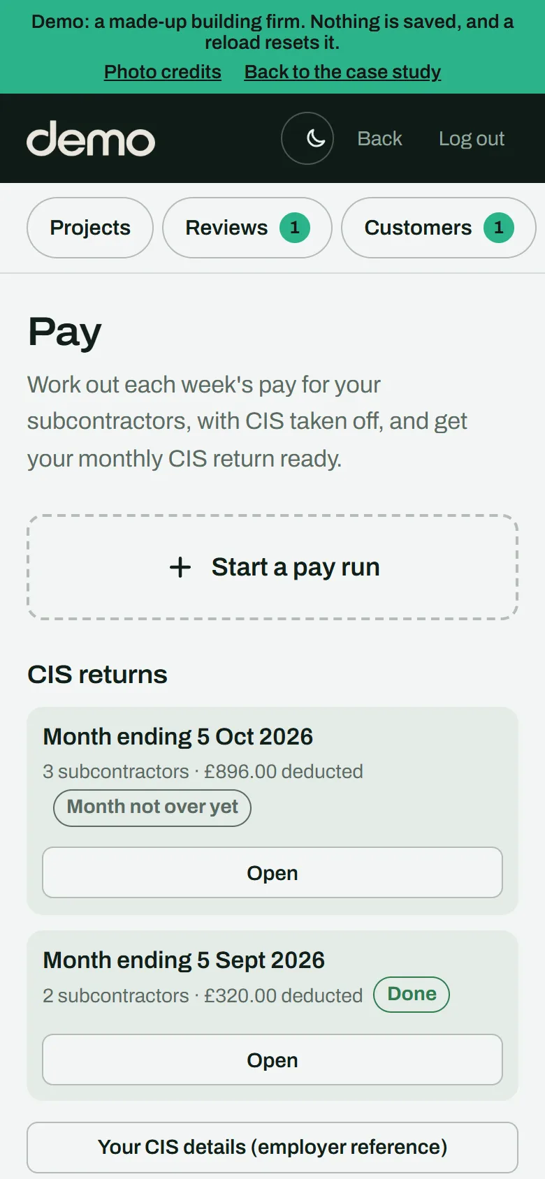 Pay screen with a button to start a pay run