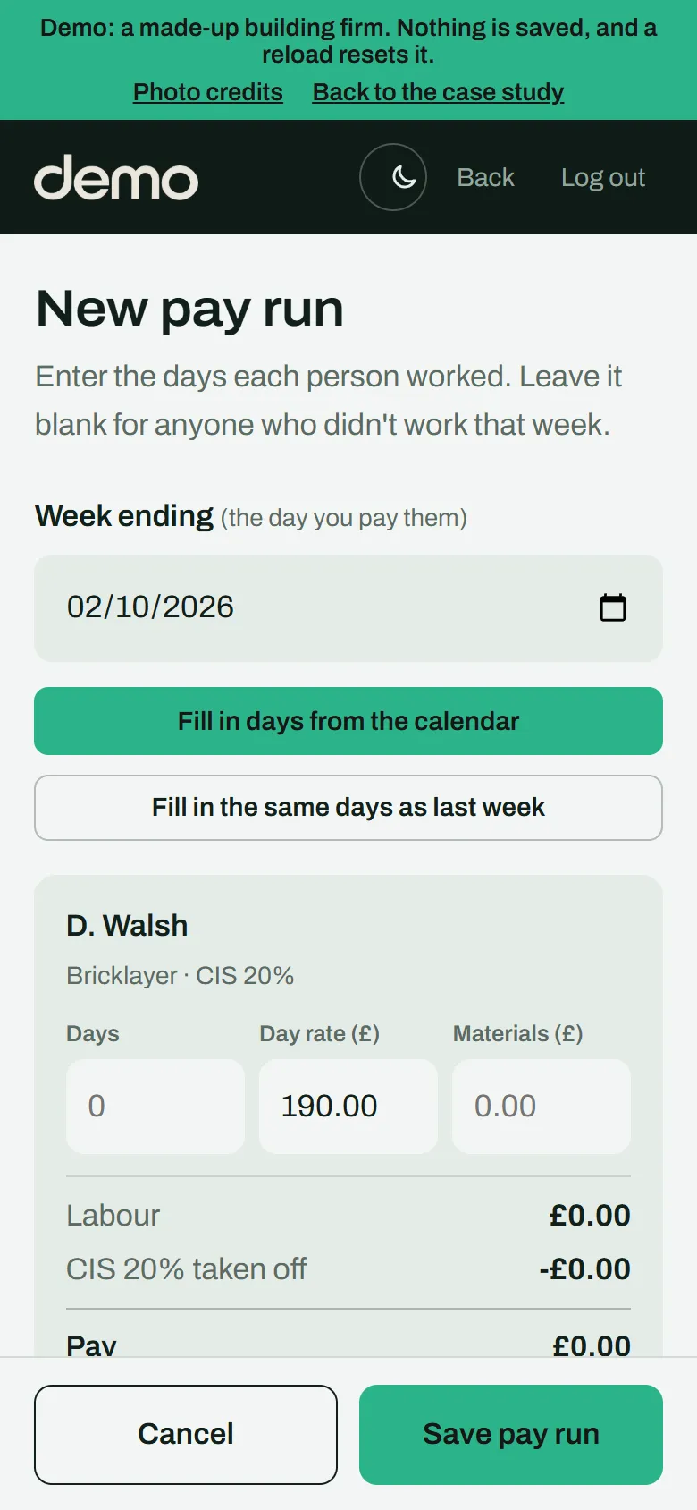 New pay run with a button to fill in days from the calendar