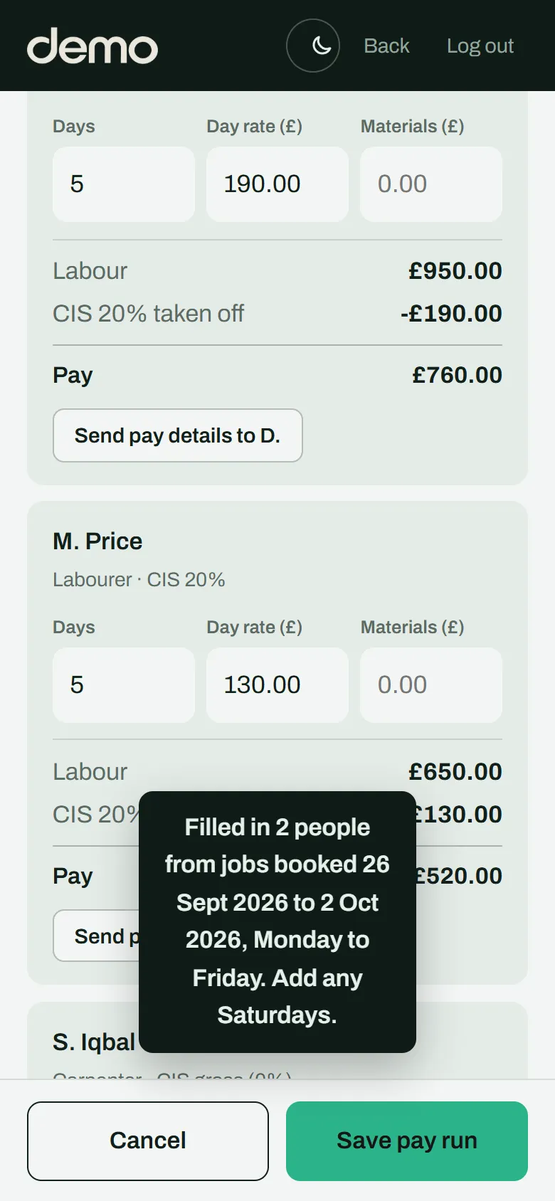 Pay run filled in from the calendar, with CIS deductions worked out