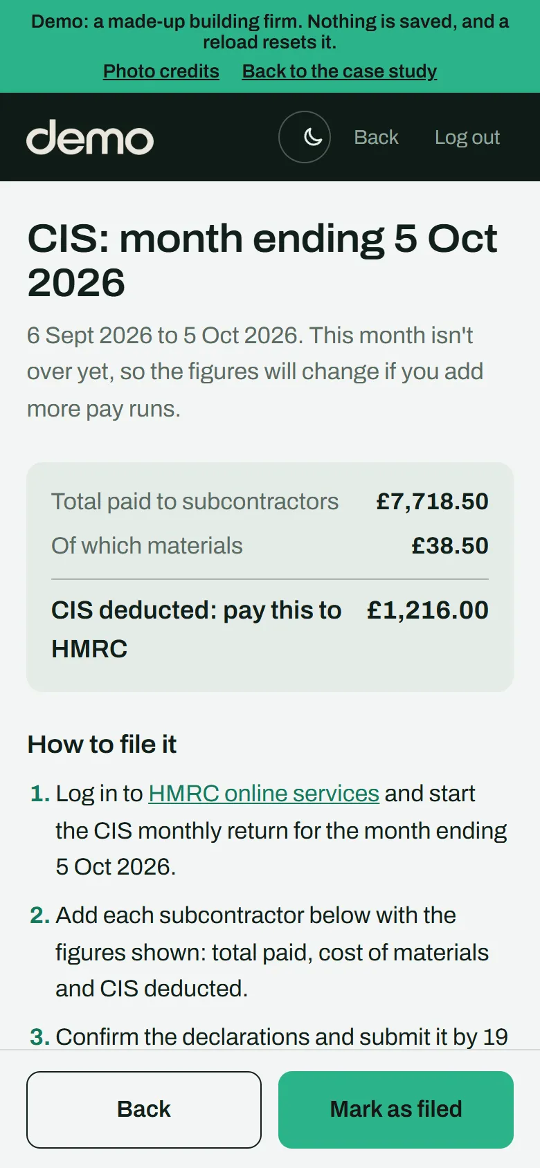 CIS return for the month: total paid, materials and CIS deducted, with filing steps