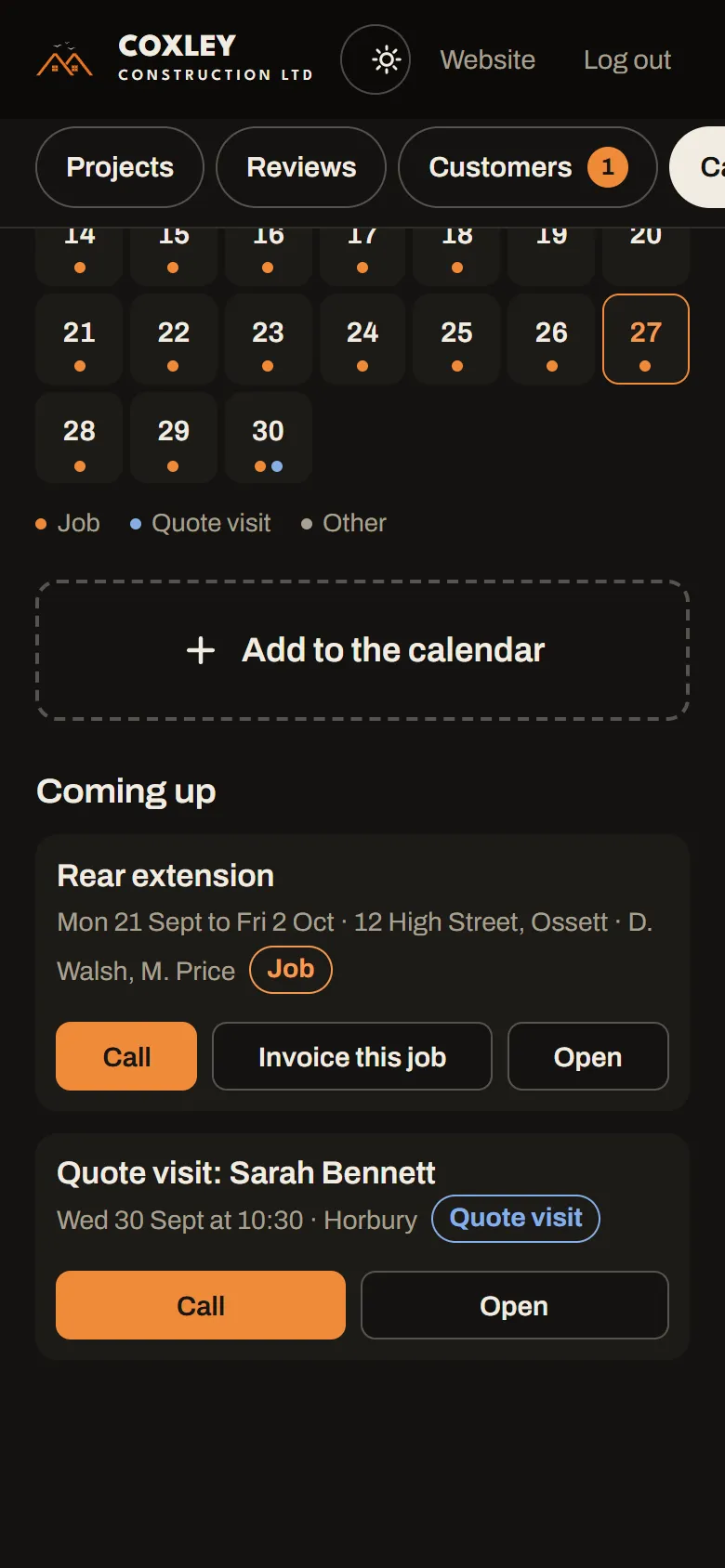 Coming up list with an Invoice this job button on a job, and another job marked Invoiced