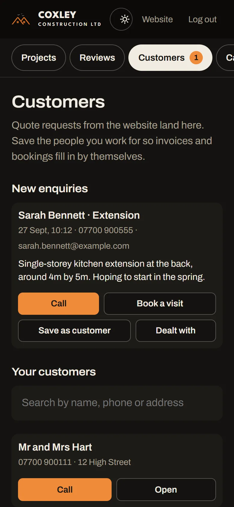 Customers screen showing a new website enquiry with Call, Book a visit, Save as customer and Dealt with buttons