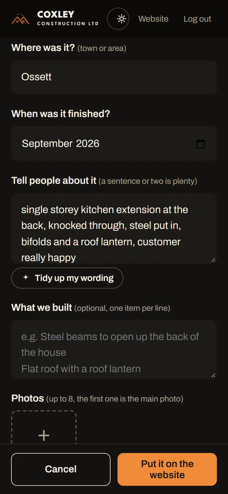 New project form with rough notes typed in and a Tidy up my wording button underneath