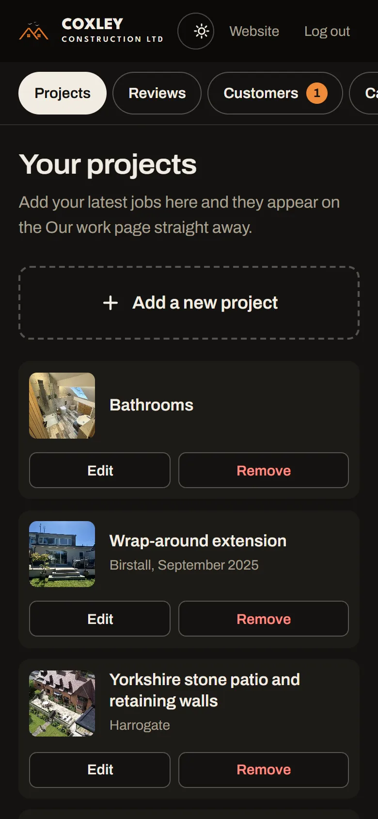 Dashboard projects list with Edit and Remove buttons for each job
