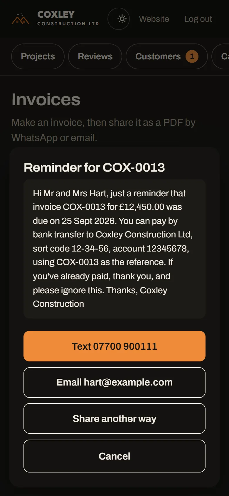 Payment reminder ready to send, with buttons to text or email the customer or share another way