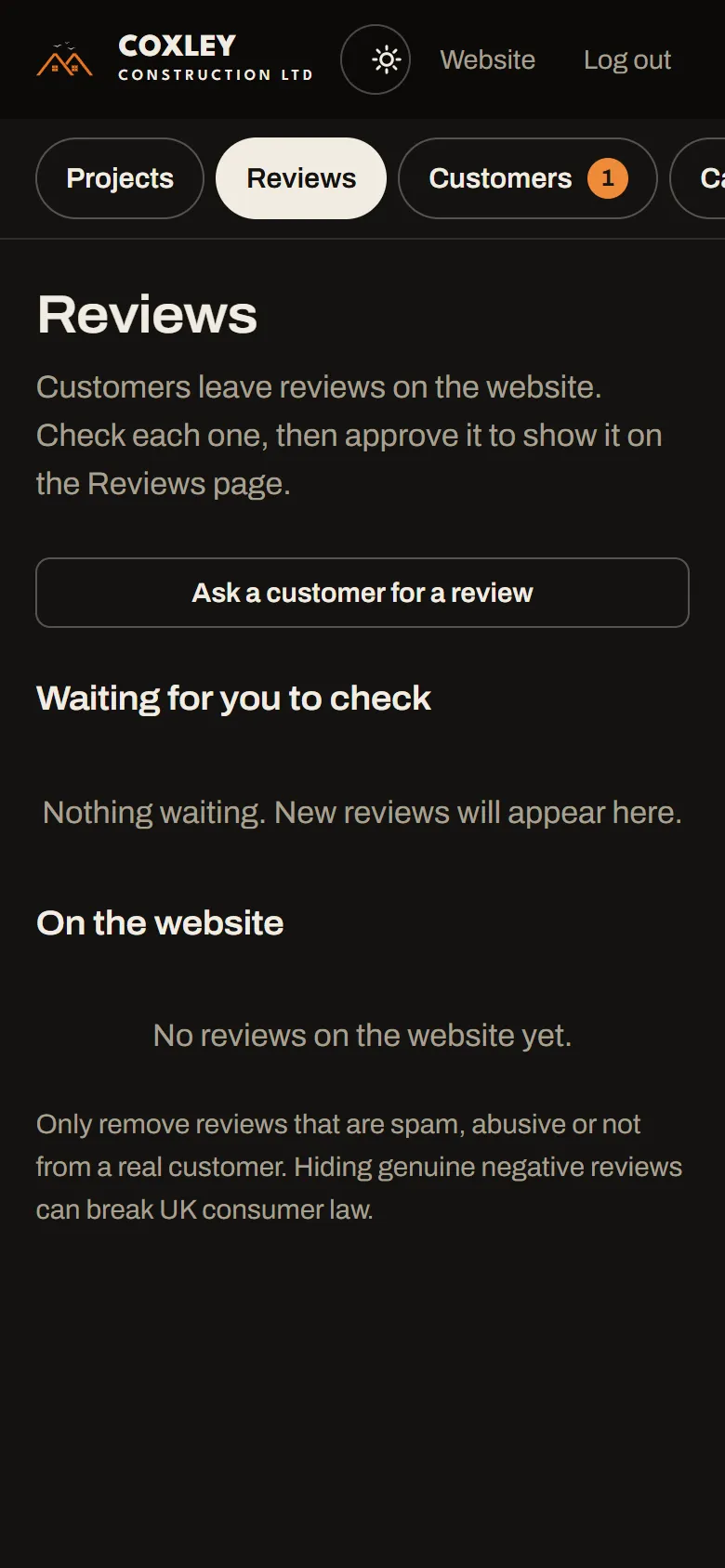 Reviews screen with an Ask a customer for a review button and the approval lists