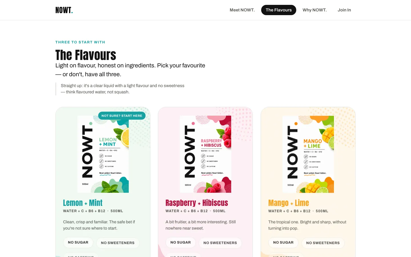 NOWT. flavours section showing the three launch flavours