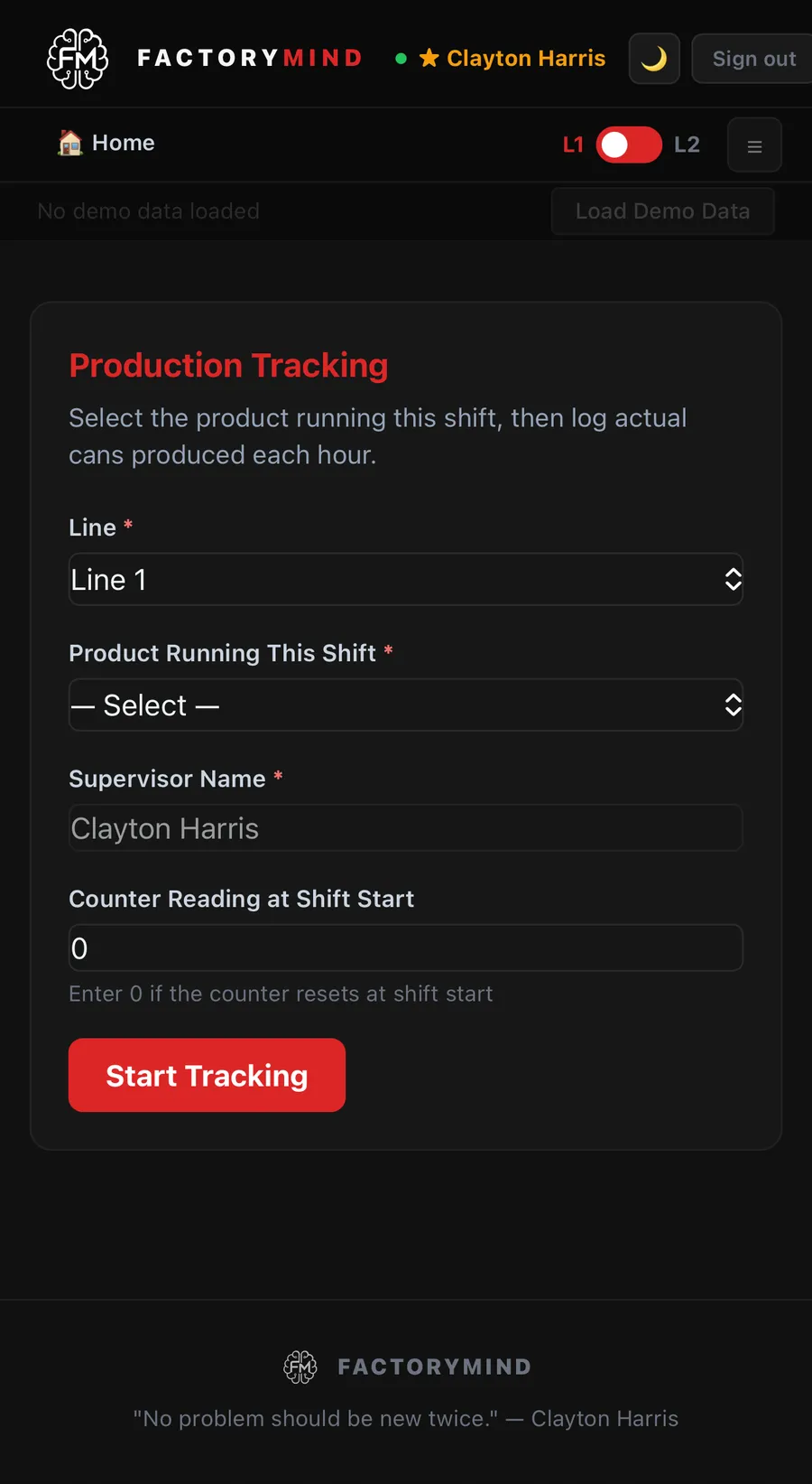 Production tracking: choose the line and product, then log cans produced each hour