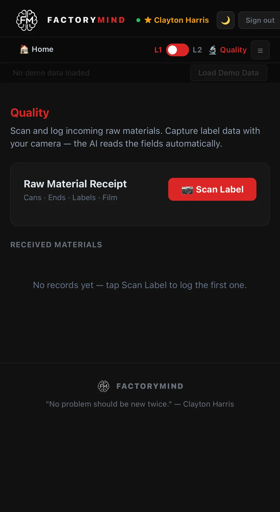 Quality screen: scan raw material labels with the camera and the AI reads the fields