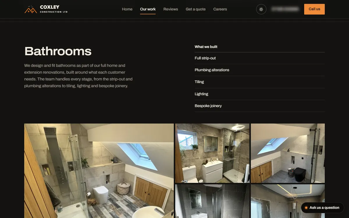 Our work page on a laptop showing the Bathrooms project with its photo grid