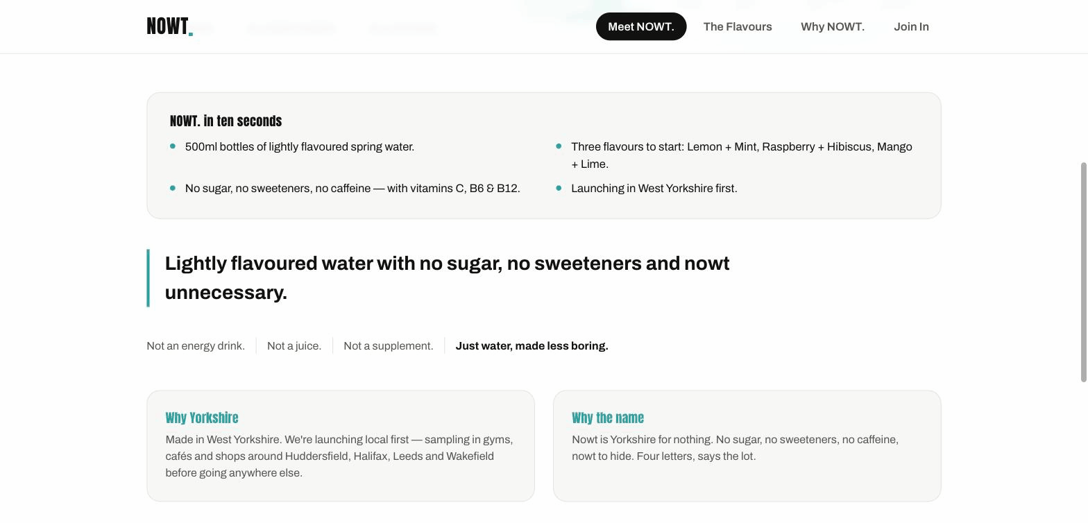 Walkthrough of the NOWT. site: hero, flavours, and the pre-launch waitlist form